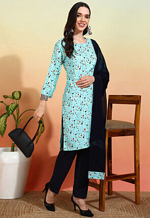 Digital Printed Crepe Pakistani Suit in Sky Blue