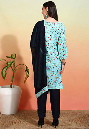 Digital Printed Crepe Pakistani Suit in Sky Blue