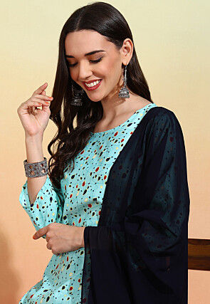 Digital Printed Crepe Pakistani Suit in Sky Blue