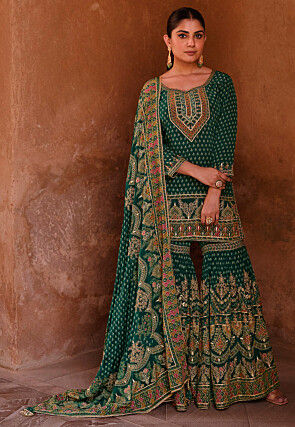 Digital Printed Crepe Pakistani Suit in Teal Green