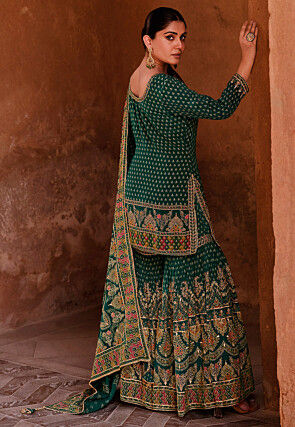 Digital Printed Crepe Pakistani Suit in Teal Green
