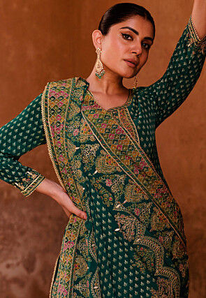 Digital Printed Crepe Pakistani Suit in Teal Green
