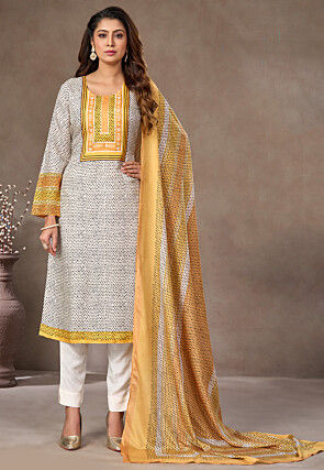 Digital Printed Crepe Pakistani Suit in White