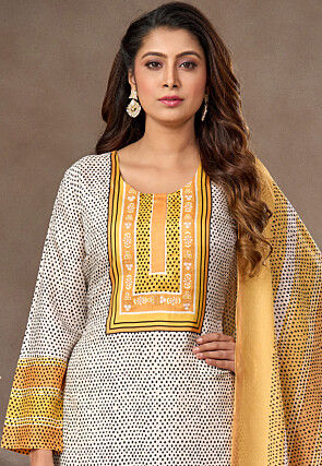Digital Printed Crepe Pakistani Suit in White