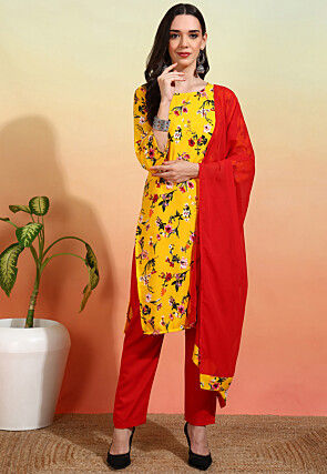 Digital Printed Crepe Pakistani Suit in Yellow