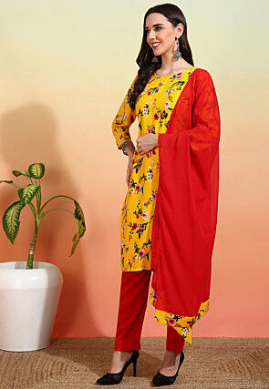 Digital Printed Crepe Pakistani Suit in Yellow