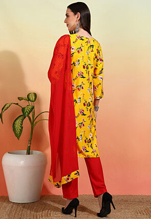 Digital Printed Crepe Pakistani Suit in Yellow