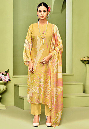 Digital Printed Crepe Pakistani Suit in Yellow