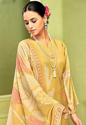 Digital Printed Crepe Pakistani Suit in Yellow