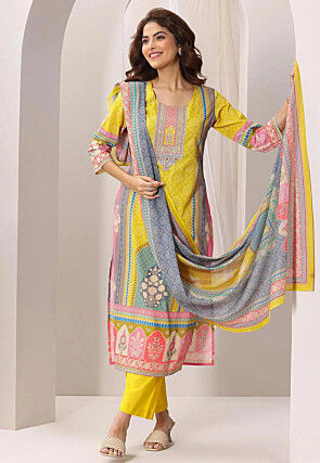 Digital Printed Crepe Pakistani Suit in Yellow