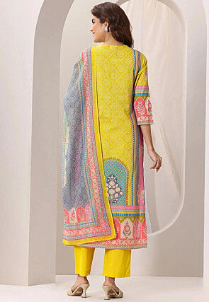 Digital Printed Crepe Pakistani Suit in Yellow