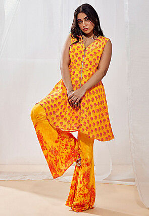 Digital Printed Crepe Pakistani Suit in Yellow