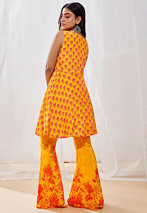 Digital Printed Crepe Pakistani Suit in Yellow