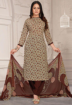 Digital Printed Crepe Punjabi Suit in Brown
