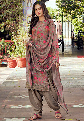 Digital Printed Crepe Punjabi Suit in Dark Beige