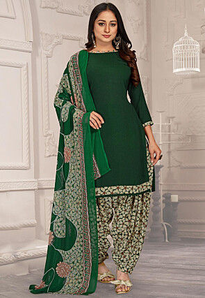 Digital Printed Crepe Punjabi Suit in Dark Green