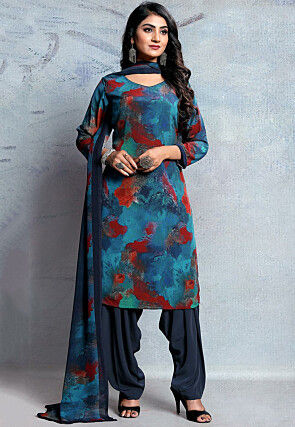 Digital Printed Crepe Punjabi Suit in Multicolor