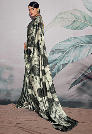 Digital Printed Crepe Saree in Beige and Black