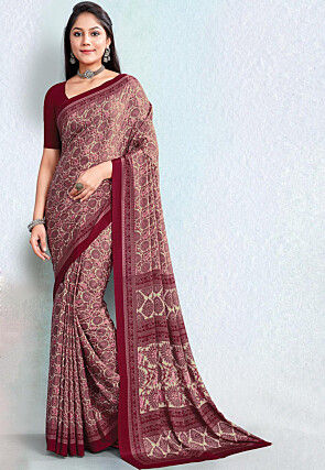 Digital Printed Crepe Saree in Beige and Maroon