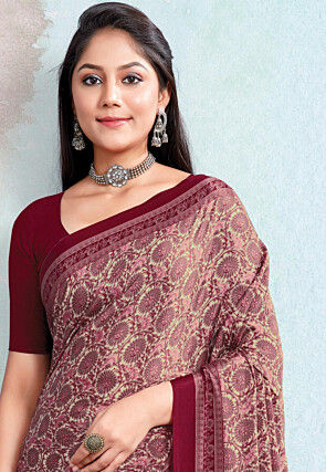 Digital Printed Crepe Saree in Beige and Maroon