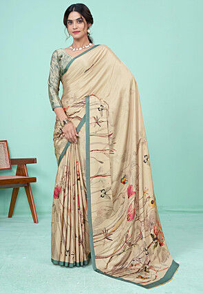 Digital Printed Crepe Saree in Beige