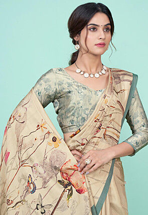 Digital Printed Crepe Saree in Beige