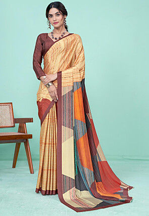 Digital Printed Crepe Saree in Beige