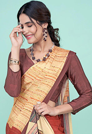 Digital Printed Crepe Saree in Beige