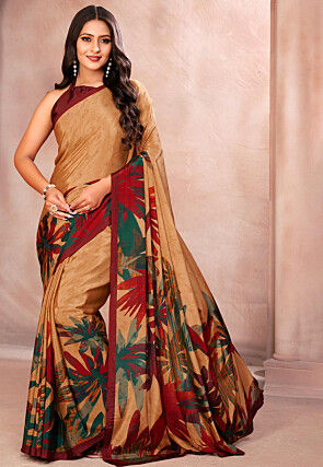 Digital Printed Crepe Saree in Beige