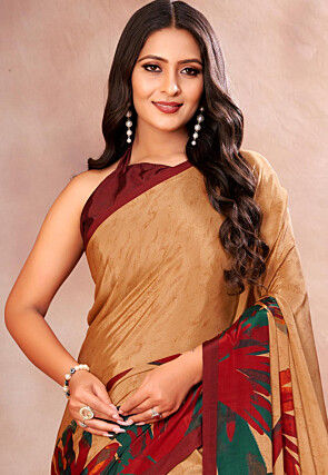 Digital Printed Crepe Saree in Beige