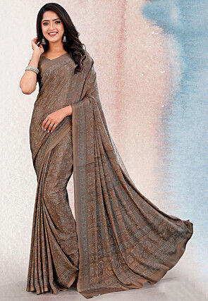 Digital Printed Crepe Saree in Beige