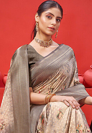 Digital Printed Crepe Saree in Beige