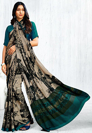 Digital Printed Crepe Saree in Beige