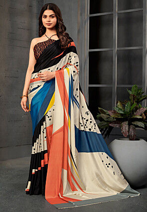 Digital Printed Crepe Saree in Black and Multicolor