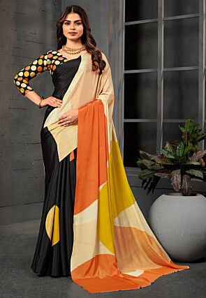 Digital Printed Crepe Saree in Black and Multicolor