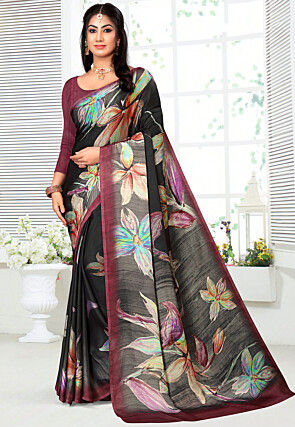 Digital Printed Crepe Saree in Black