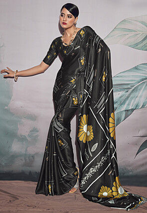 Digital Printed Crepe Saree in Black