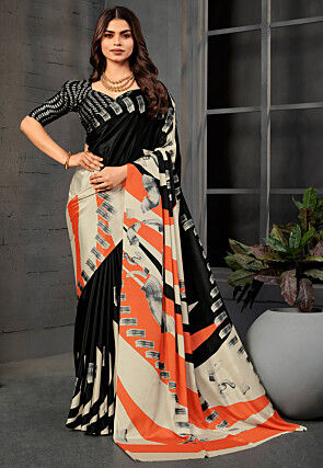 Digital Printed Crepe Saree in Black