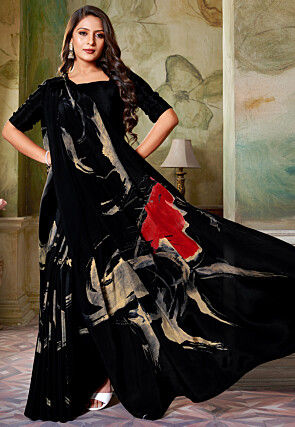 Digital Printed Crepe Saree in Black