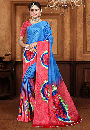 Digital Printed Crepe Saree in Blue and Red