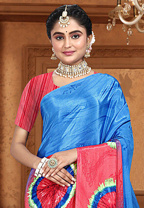 Digital Printed Crepe Saree in Blue and Red