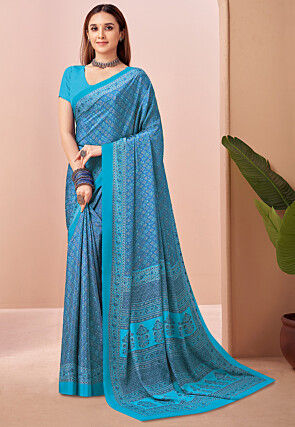 Digital Printed Crepe Saree in Blue