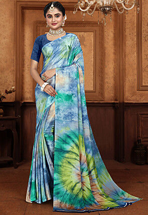 Digital Printed Crepe Saree in Blue