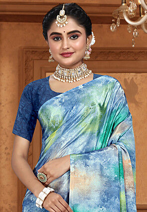Digital Printed Crepe Saree in Blue