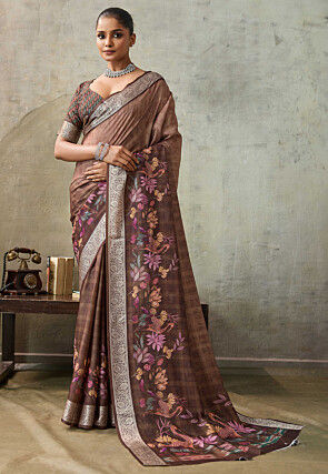 Digital Printed Crepe Saree in Brown