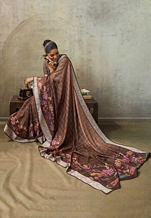 Digital Printed Crepe Saree in Brown