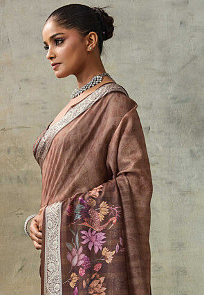 Digital Printed Crepe Saree in Brown