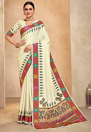 Digital Printed Crepe Saree in Cream