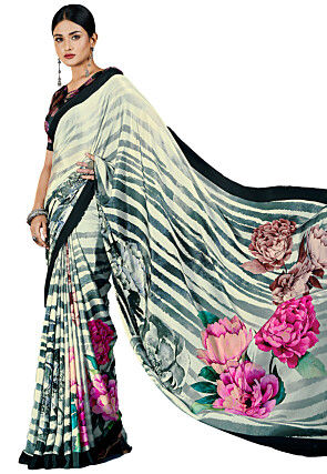 Digital Printed Crepe Saree in Cream