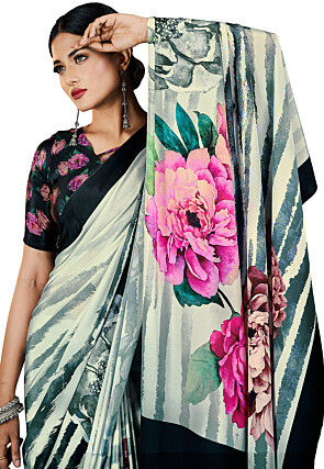 Digital Printed Crepe Saree in Cream